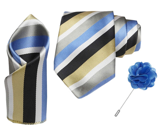 RIZORO Mens Plaid Stripped Silk Necktie Tie Gift Set With Pocket Square & Brooch Pin Formal Tie Set (STRIPM2RS, Free Size)