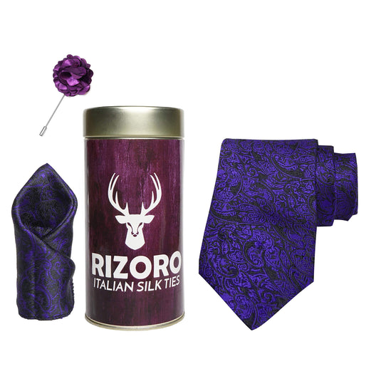 RIZORO Mens Plaid Pasiley Silk Necktie Gift Set With Pocket Square & Brooch Pin Formal Tie Combo (PARRT, Free Size)