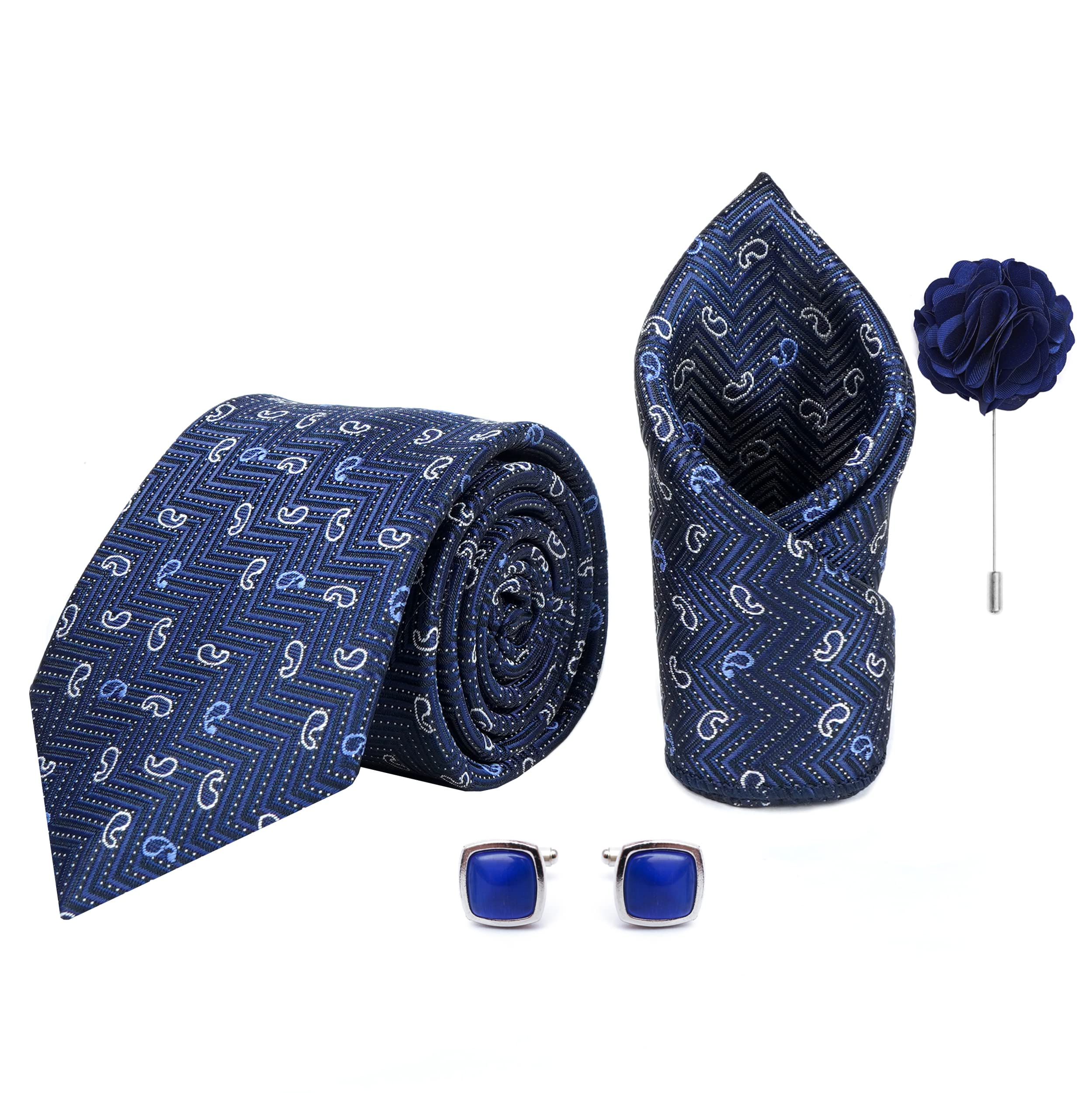Axlon Men's Paisley Micro Wooven Silk Necktie Gift Set With Pocket Square Cufflinks & Brooch Pin Tie for Men Formal Tie Set with Box (Pack of 4) (AX11_12, Navy Blue)