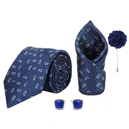 Axlon Men's Paisley Micro Wooven Silk Necktie Gift Set With Pocket Square Cufflinks & Brooch Pin Tie for Men Formal Tie Set with Box (Pack of 4) (AX11_12, Navy Blue)