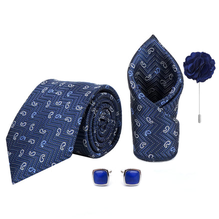 Axlon Men's Paisley Micro Wooven Silk Necktie Gift Set With Pocket Square Cufflinks & Brooch Pin Tie for Men Formal Tie Set with Box (Pack of 4) (AX11_12, Navy Blue)