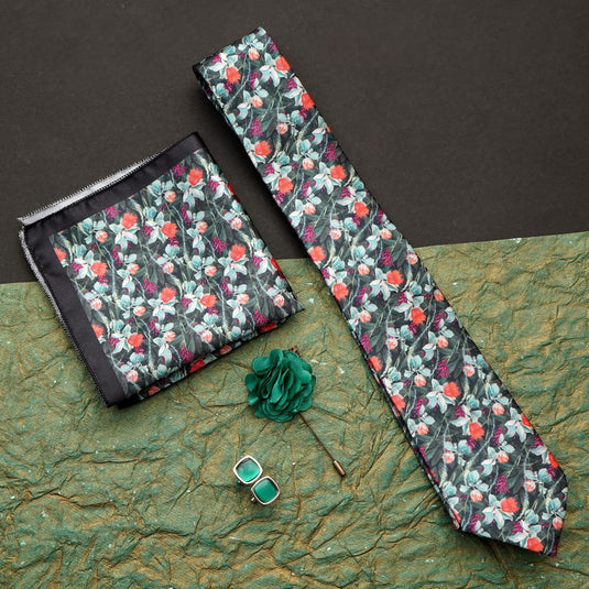 RIZORO Black Green Mens Paisley Micro Print Silk Necktie Gift Set With Pocket Square Cufflinks & Brooch Pin Formal Tie With Wooden Box Free Size | (Wooden Gift Box ) (Pack of 4) (RPL_13)