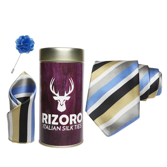 RIZORO Mens Plaid Stripped Silk Necktie Gift Set With Pocket Square & Brooch Pin Formal Tie Combo (STRIPM2RT, Free Size)