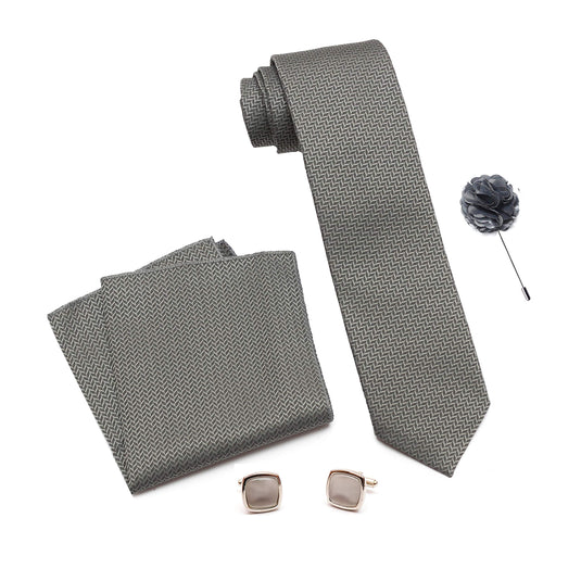 AXLON Mens Plaid Micro Self Silk Necktie Tie Gift Set With Pocket Square, Cufflinks & Brooch Pin Formal Tie With Leatherite Box (SIDIRB, Free Size)