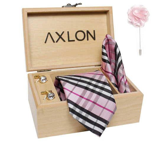 Axlon Men's Micro Polyester Stripped Necktie Set with Pocket Square, Brooch Pin and Cufflinks (Multicolour, Free Size)