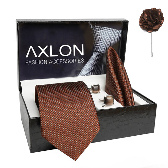 Axlon Mens Plaid Dotted Silk Necktie Gift Set With Pocket Square Cufflinks & Brooch Pin Tie For Men Formal With Leatherite Box