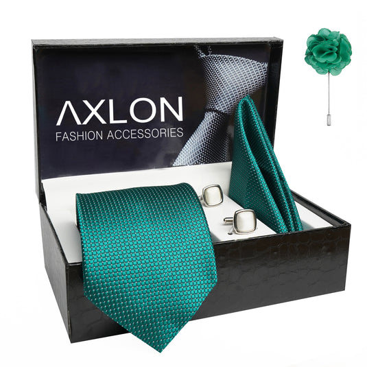 Axlon Mens Plaid Dotted Silk Necktie Gift Set With Pocket Square Cufflinks & Brooch Pin Tie For Men Formal With Leatherite Box