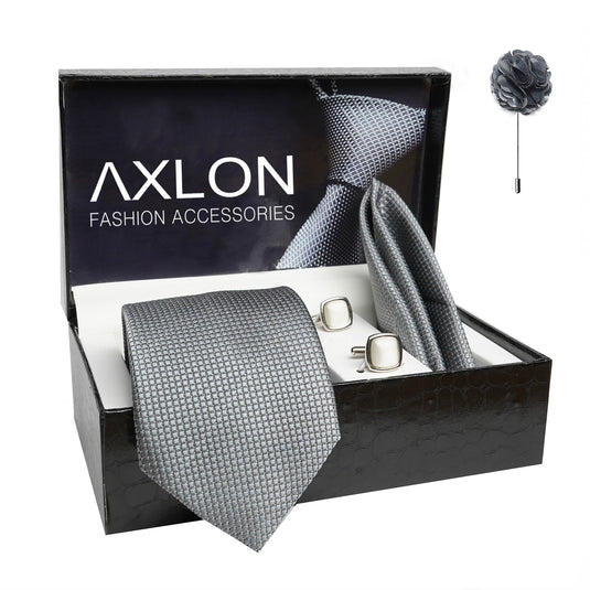 Axlon Mens Plaid Dotted Silk Necktie Gift Set With Pocket Square Cufflinks & Brooch Pin Tie For Men Formal With Leatherite Box