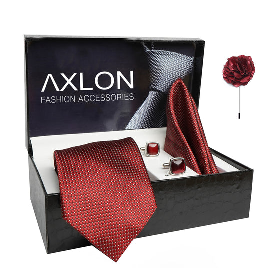 Axlon Mens Plaid Dotted Silk Necktie Gift Set With Pocket Square Cufflinks & Brooch Pin Tie For Men Formal With Leatherite Box