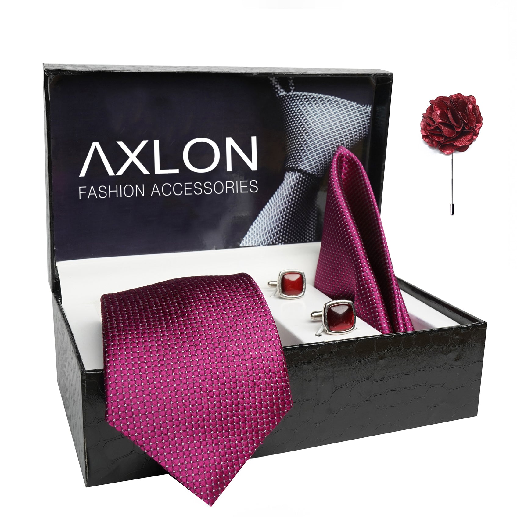 Axlon Mens Plaid Dotted Silk Necktie Gift Set With Pocket Square Cufflinks & Brooch Pin Tie For Men Formal With Leatherite Box