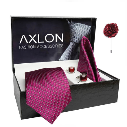Axlon Mens Plaid Dotted Silk Necktie Gift Set With Pocket Square Cufflinks & Brooch Pin Tie For Men Formal With Leatherite Box