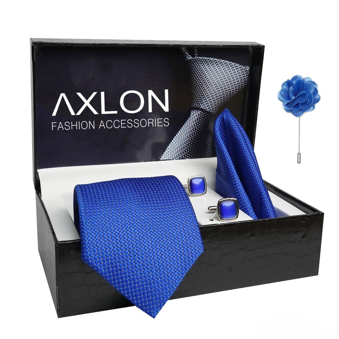 Axlon Mens Plaid Dotted Silk Necktie Gift Set With Pocket Square Cufflinks & Brooch Pin Tie For Men Formal With Leatherite Box