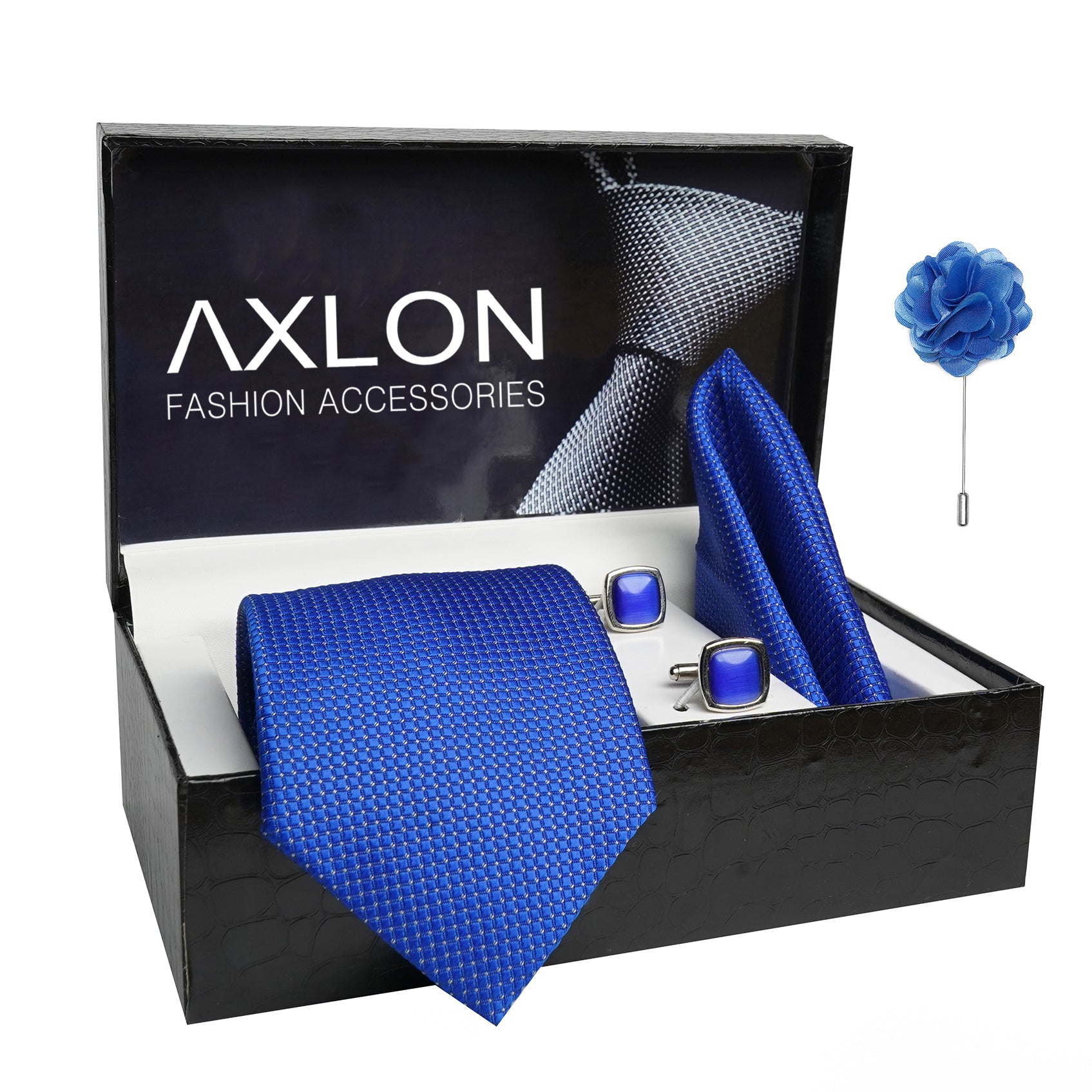 Axlon Mens Plaid Dotted Silk Necktie Gift Set With Pocket Square Cufflinks & Brooch Pin Tie For Men Formal With Leatherite Box