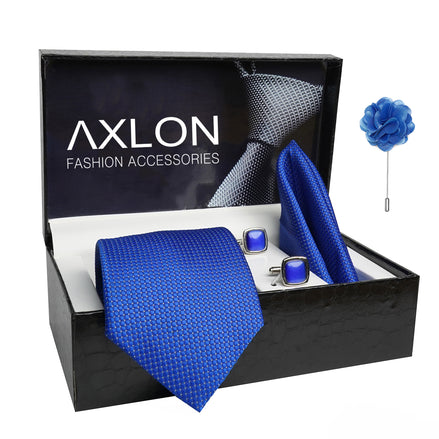 Axlon Mens Plaid Dotted Silk Necktie Gift Set With Pocket Square Cufflinks & Brooch Pin Tie For Men Formal With Leatherite Box