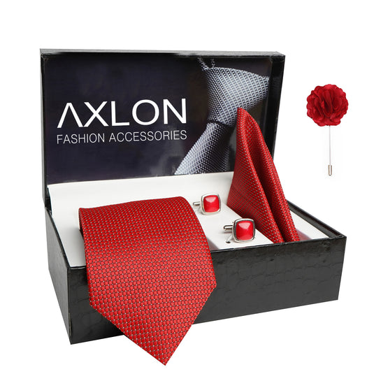 Axlon Mens Plaid Dotted Silk Necktie Gift Set With Pocket Square Cufflinks & Brooch Pin Tie For Men Formal With Leatherite Box