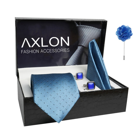 Axlon Mens Plaid Dotted Silk Necktie Gift Set With Pocket Square Cufflinks & Brooch Pin Tie For Men Formal With Leatherite Box