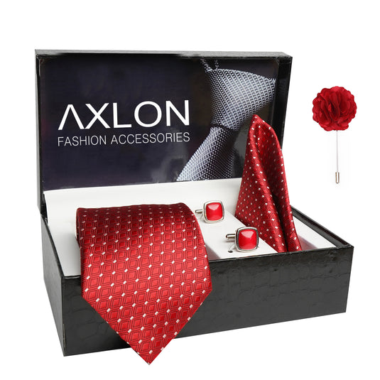 Axlon Mens Plaid Dotted Silk Necktie Gift Set With Pocket Square Cufflinks & Brooch Pin Tie For Men Formal With Leatherite Box