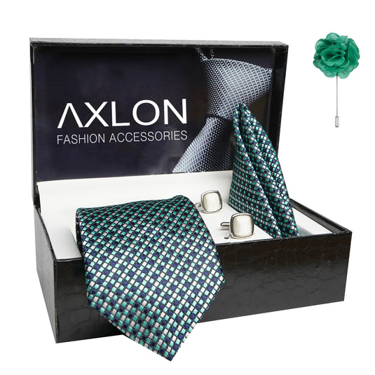 Axlon Mens Plaid Dotted Silk Necktie Gift Set With Pocket Square Cufflinks & Brooch Pin Tie For Men Formal With Leatherite Box