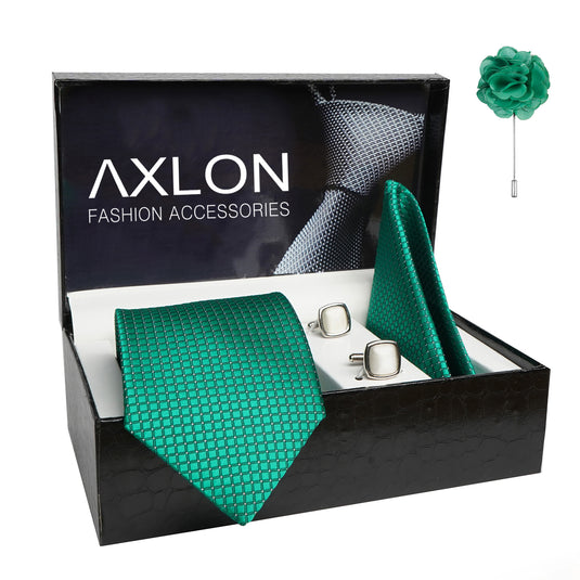 Axlon Mens Plaid Dotted Silk Necktie Gift Set With Pocket Square Cufflinks & Brooch Pin Tie For Men Formal With Leatherite Box