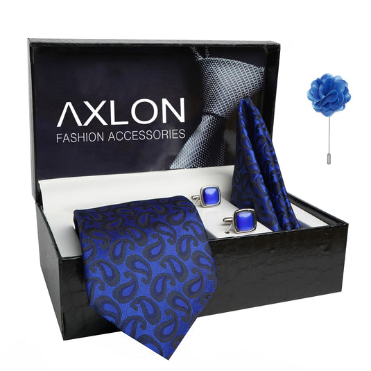 Axlon Mens Plaid Paisley Silk Necktie Gift Set With Pocket Square Cufflinks & Brooch Pin Tie For Men Formal With Leatherite Box