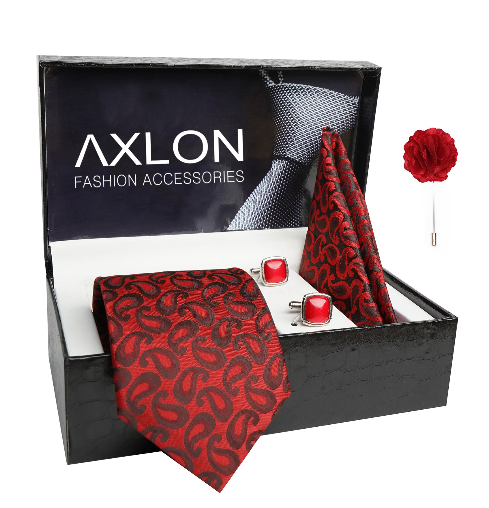 Axlon Mens Plaid Paisley Silk Necktie Gift Set With Pocket Square Cufflinks & Brooch Pin Tie For Men Formal With Leatherite Box
