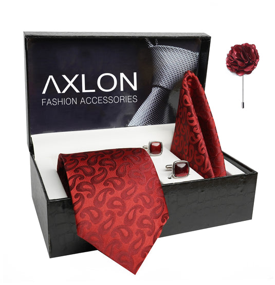 Axlon Mens Plaid Paisley Silk Necktie Gift Set With Pocket Square Cufflinks & Brooch Pin Tie For Men Formal With Leatherite Box