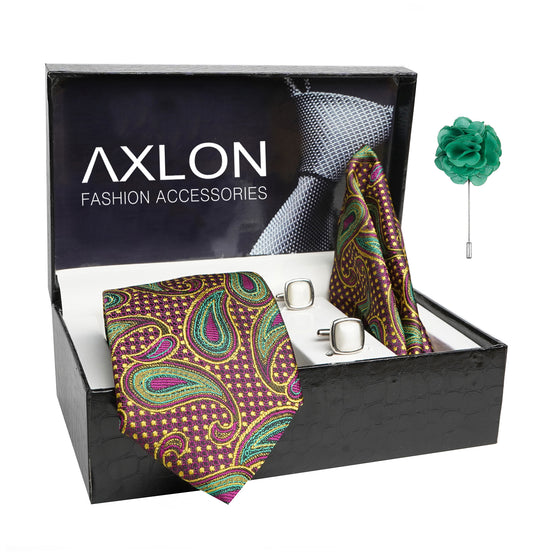 Axlon Mens Plaid Paisley Silk Necktie Gift Set With Pocket Square Cufflinks & Brooch Pin Tie For Men Formal With Leatherite Box