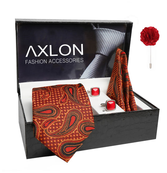 Axlon Mens Plaid Paisley Silk Necktie Gift Set With Pocket Square Cufflinks & Brooch Pin Tie For Men Formal With Leatherite Box