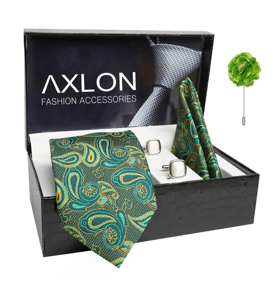 Axlon Mens Plaid Paisley Silk Necktie Gift Set With Pocket Square Cufflinks & Brooch Pin Tie For Men Formal With Leatherite Box