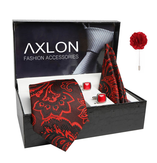 Axlon Mens Plaid Paisley Silk Necktie Gift Set With Pocket Square Cufflinks & Brooch Pin Tie For Men Formal With Leatherite Box