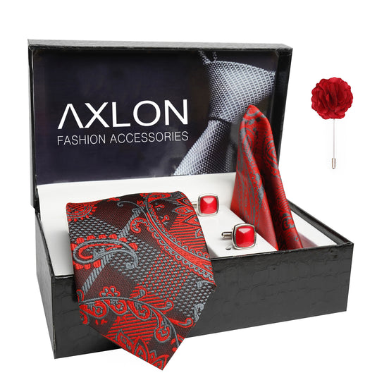 Axlon Mens Plaid Paisley Silk Necktie Gift Set With Pocket Square Cufflinks & Brooch Pin Tie For Men Formal With Leatherite Box