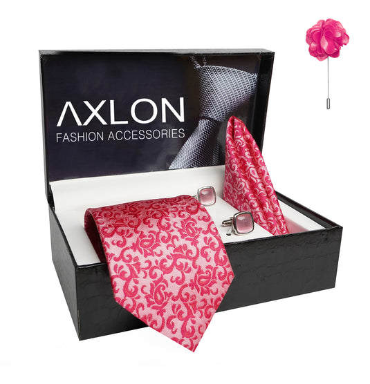 Axlon Mens Plaid Paisley Silk Necktie Gift Set With Pocket Square Cufflinks & Brooch Pin Tie For Men Formal With Leatherite Box