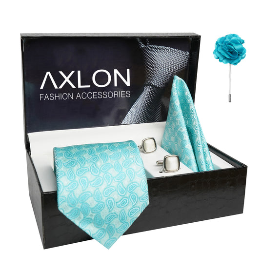 Axlon Mens Plaid Paisley Silk Necktie Gift Set With Pocket Square Cufflinks & Brooch Pin Tie For Men Formal With Leatherite Box