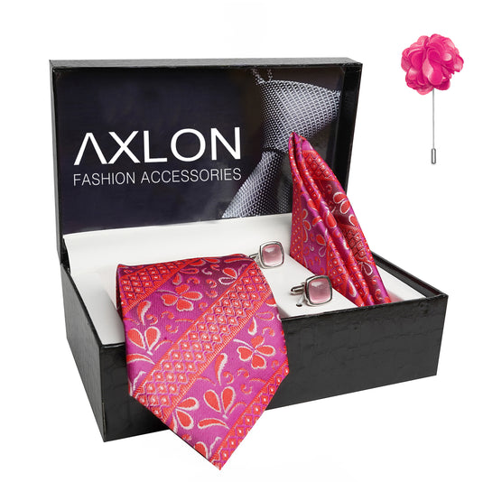 Axlon Mens Plaid Paisley Silk Necktie Gift Set With Pocket Square Cufflinks & Brooch Pin Tie For Men Formal With Leatherite Box