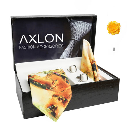 Axlon Mens Plaid Boho Printed Silk Necktie Gift Set With Pocket Square Cufflinks & Brooch Pin Tie For Men Formal With Leatherite Box