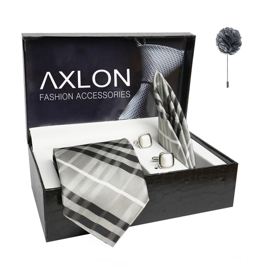 Axlon Mens Plaid Checkered Silk Necktie Gift Set With Pocket Square Cufflinks & Brooch Pin Tie For Men Formal With Leatherite Box