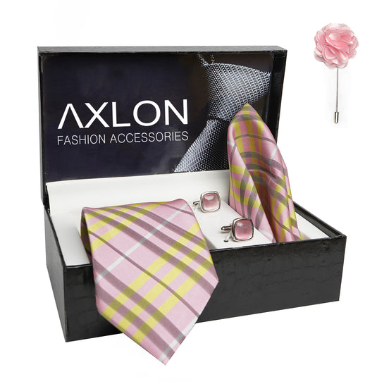 Axlon Mens Plaid Checkered Silk Necktie Gift Set With Pocket Square Cufflinks & Brooch Pin Tie For Men Formal With Leatherite Box