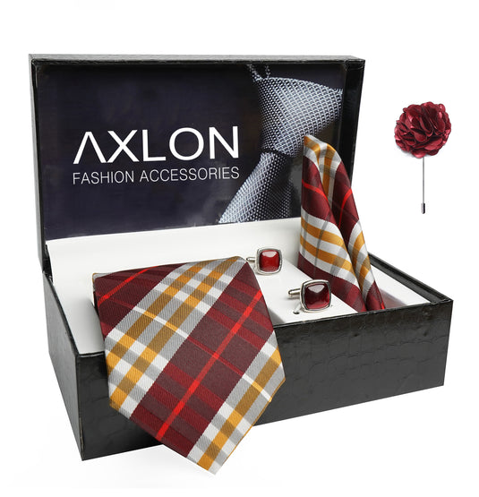 Axlon Mens Plaid Checkered Silk Necktie Gift Set With Pocket Square Cufflinks & Brooch Pin Tie For Men Formal With Leatherite Box