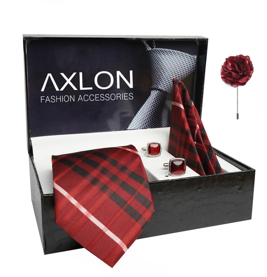 Axlon Mens Plaid Checkered Silk Necktie Gift Set With Pocket Square Cufflinks & Brooch Pin Tie For Men Formal With Leatherite Box