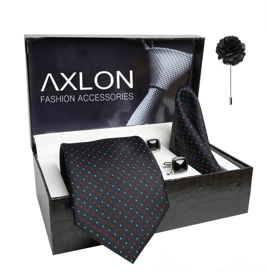 Axlon Mens Plaid Dotted Silk Necktie Gift Set With Pocket Square Cufflinks & Brooch Pin Tie For Men Formal With Leatherite Box