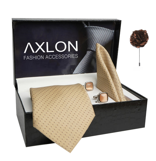 Axlon Mens Plaid Dotted Silk Necktie Gift Set With Pocket Square Cufflinks & Brooch Pin Tie For Men Formal With Leatherite Box