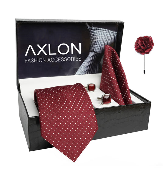 Axlon Mens Plaid Dotted Silk Necktie Gift Set With Pocket Square Cufflinks & Brooch Pin Tie For Men Formal With Leatherite Box