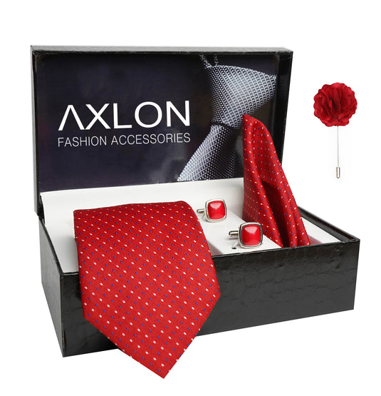 Axlon Mens Plaid Dotted Silk Necktie Gift Set With Pocket Square Cufflinks & Brooch Pin Tie For Men Formal With Leatherite Box