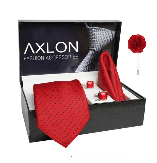 Axlon Mens Plaid Dotted Silk Necktie Gift Set With Pocket Square Cufflinks & Brooch Pin Tie For Men Formal With Leatherite Box