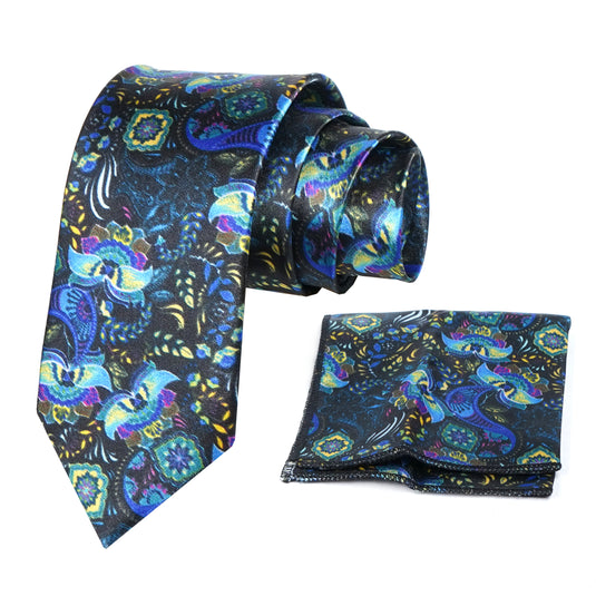 Rizoro Mens Printed Silk Necktie Gift Set With Pocket Square Formal Tie with Box (Blue, Free Size) | (Gift Box) (Pack of 2)