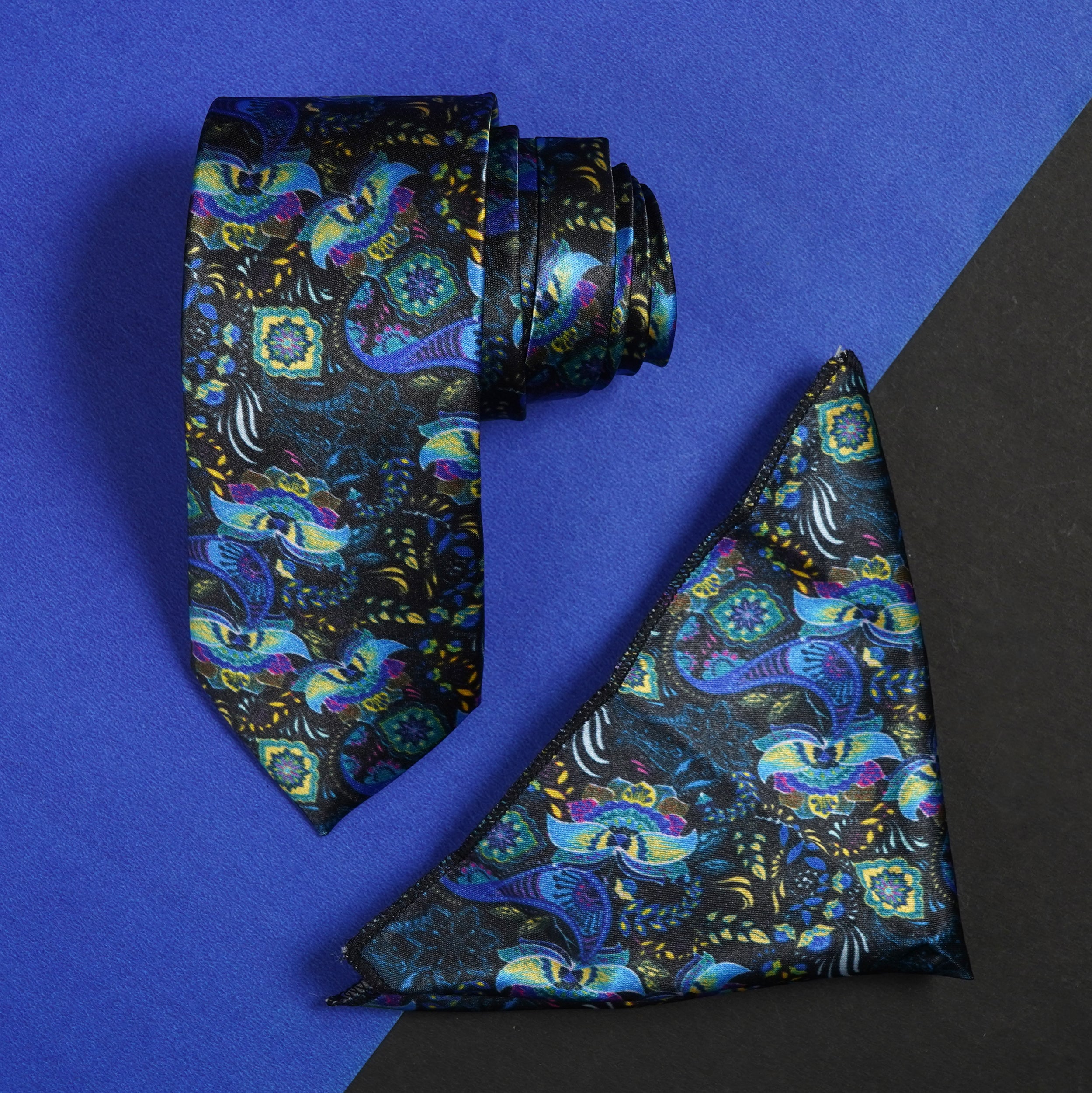 Rizoro Mens Printed Silk Necktie Gift Set With Pocket Square Formal Tie with Box (Blue, Free Size) | (Gift Box) (Pack of 2)