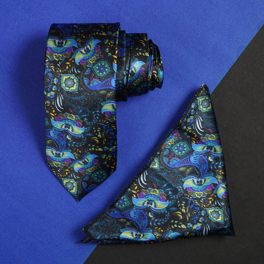 Rizoro Mens Printed Silk Necktie Gift Set With Pocket Square Formal Tie with Box (Blue, Free Size) | (Gift Box) (Pack of 2)