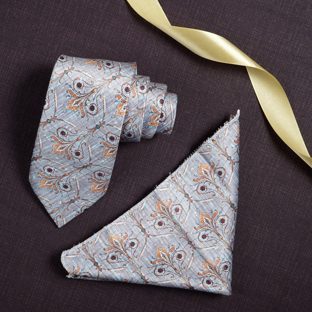 Rizoro Mens Printed Silk Necktie Gift Set With Pocket Square Formal Tie with Box (Grey, Free Size) | (Gift Box) (Pack of 2)
