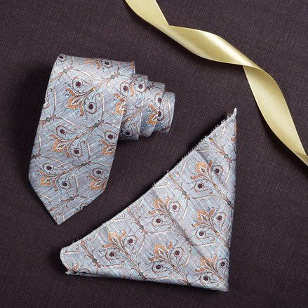 Rizoro Mens Printed Silk Necktie Gift Set With Pocket Square Formal Tie with Box (Grey, Free Size) | (Gift Box) (Pack of 2)
