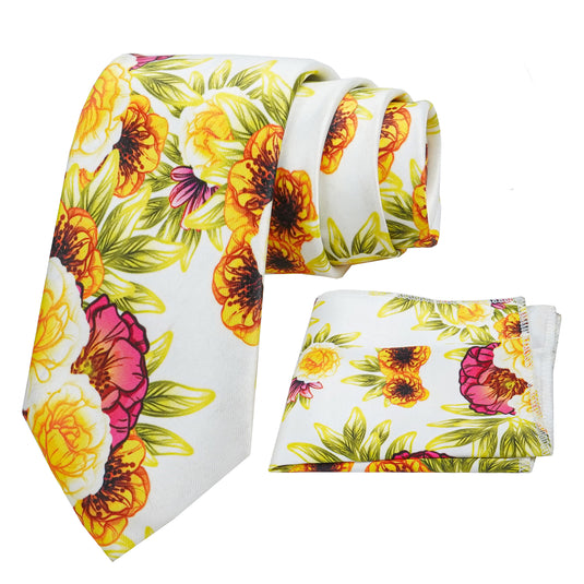 Rizoro Mens Printed Silk Necktie Gift Set With Pocket Square Formal Tie with Box (Yellow, Free Size) | (Gift Box) (Pack of 2)
